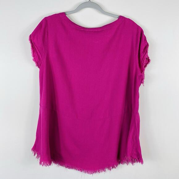 Umgee Size Medium Linen Blend Frayed Trim Short Sleeve Top Pink - Picture 2 of 4